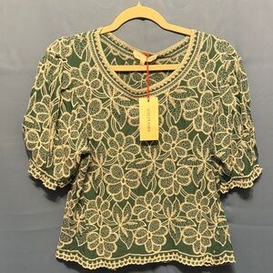 Solitaire Green and White Embroidered Floral Blouse